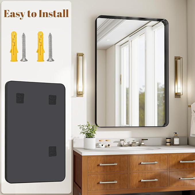 Bathroom Mirror Vanity for Over Sink Wall Mirror - 24x32 Inch Rounded Corner Rectangle Aluminum Frame Mirror,Hangs Horizontally or Vertically for Living Room Bedroom or Entryway Black