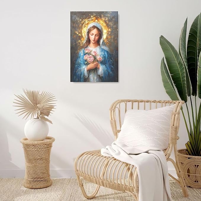 Christian Mary Wall Art Mary Mother Of God Canvas Wall Decor Catholic Blessed Mother with Roses Pictures Christ Paintings Prints Religious Bible Artwork Framed Decorations For Church Prayer Room Chapel Bathroom Bedroom Living Room Gifts 16" x 24"
