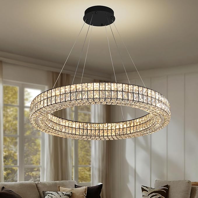 Modern Led Ring Chandeliers Dimmable Crystal Chandelier for Living Room Dining Room Ring Pendant Light Adjustable 24 inch Black