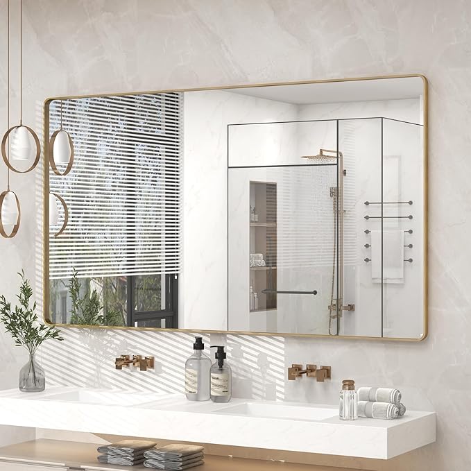 60x36 Gold Bathroom Mirror, Brushed Metal Frame Gold Vanity Mirror, Large Rectangle Mirror for Wall, Rounded Corner, Shatterproof, Anti-Rust (Horizontal/Vertical)