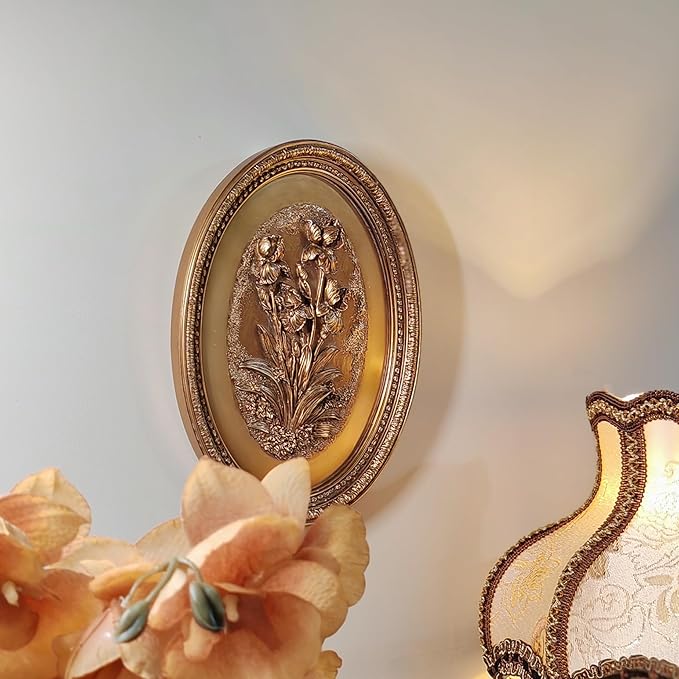 Kangce Vintage Wall Sculptures,Antique Wall Art with Hand-Carved Iris Pattern, Victorian Home Decor,for Living Room, Bedroom,Hallway Gallery,Oval,Bronze