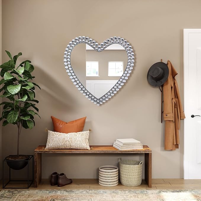 BST Furnishings Heart Shaped Mirror - 24 Inch Decorative Wall Mirror with Crystal Framed Heart