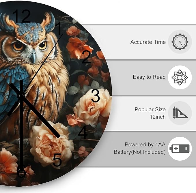 Owl-Themed Round Wall Clock, Rose Retro Art Style for Those Who Stay Up Late, Watercolor Cartoon Owl Handsome, Wooden Silent Wall Clock for The Bedroom 12x12INCH