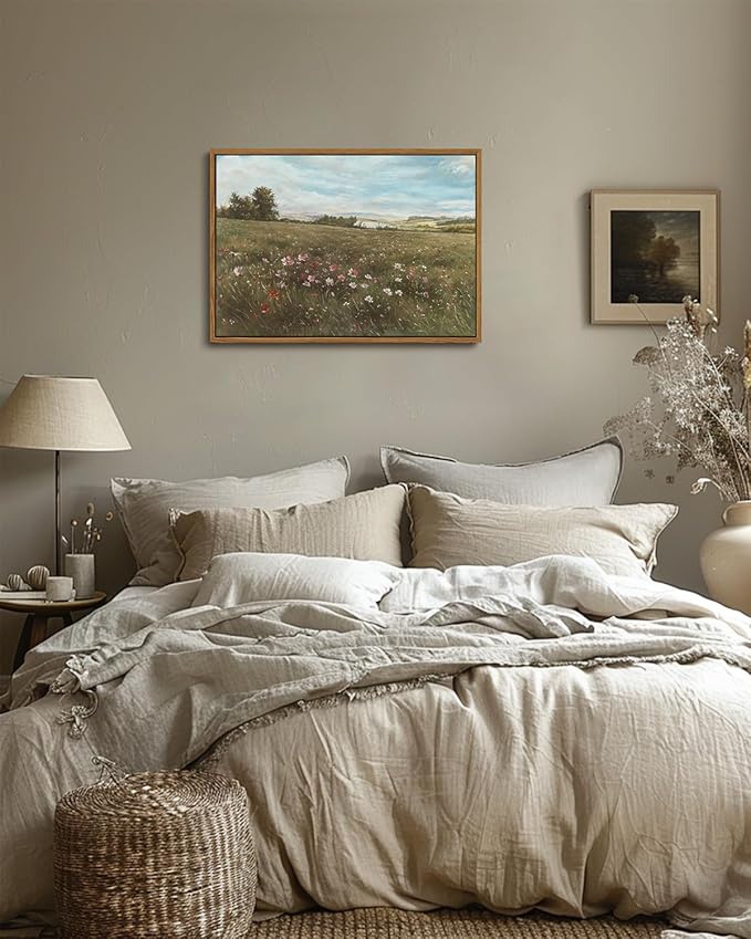 KISSFOX Vintage Landscape Canvas Wall Art Farmhouse Colorful Wildflower Meadow Framed Wall Art Summer Natural Serene Countryside Paintings Artwork Rustic Art Prints For Bedroom Bathroom Living Room