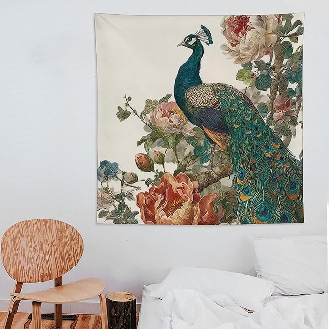 UUKXKUU Peacock Oriental Retro Blooming Flowers Tree Tapestry Flag Backdrop Wall Hanging Large Wall Art Decor for Dorm Office Bedroom Living Room 60"×60"