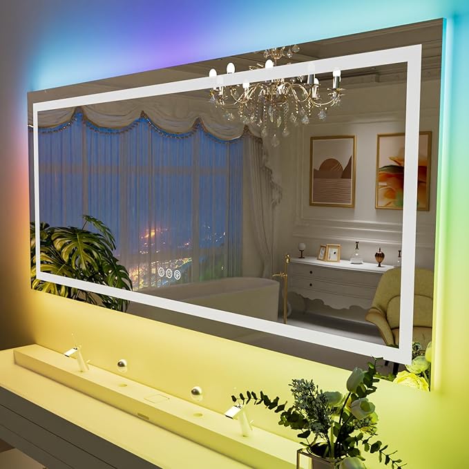 LOAAO 55”X36“ RGB LED Bathroom Mirror with Lights, Large, Anti-Fog, Dimmable Smart Lighted Bathroom Vanity Mirror, Multiple Light Modes, RGB Backlit + Front Light, Memory Function, Tempered Glass