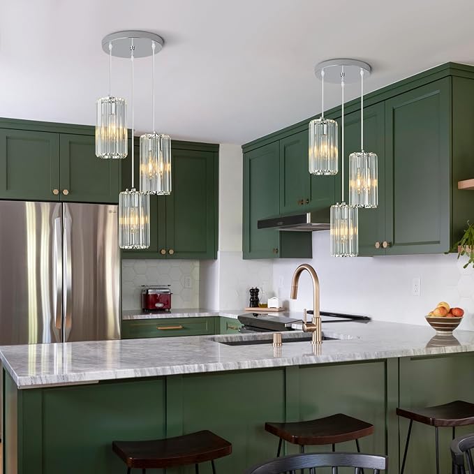 Chrome Pendant Lighting Modern Pendant Light, Mini Crystal Chandeliers,Adjustable Pendant Light Fixture for Kitchen Island Dinning Room Corridor Bedroom…(Gold 3-Light)