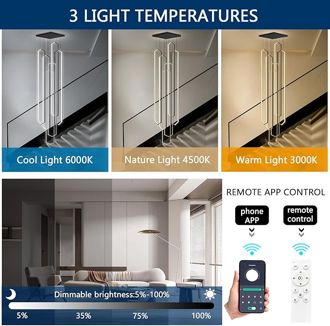 6 Rings Large Chandelier for Staircase Modern High Ceiling Chandelier LED Dimmable Chandeliers for Foyer Living Room Villa Black