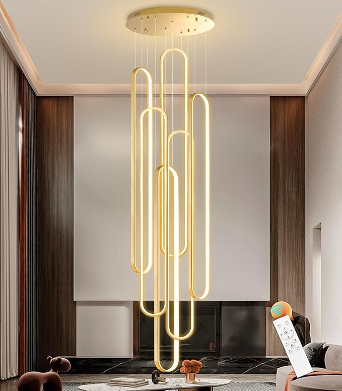 Modern Large Chandelier for Foyer LED Dimmable Black Chandeliers 6 Rings High Ceiling Chandelier for Staircase Living Room Villa