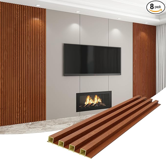 8-Pack WPC Wall Panels 118’’ x 6.1’’ 3D Slat Wall Panel Acoustic Wall Paneling for Interior Wall Decor TV Background Kitchen Bedroom Teak
