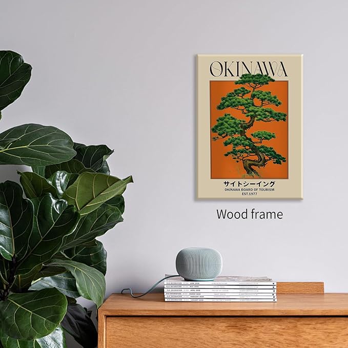 Japanese Canvas Wall Art Orange Okinawa Prints Retro Japanese Bonsai Tree Picture Modern Ukiyo-e Decor Poster for Asian Living Room Bedroom Dorm Bathroom 20x30 inch Framed