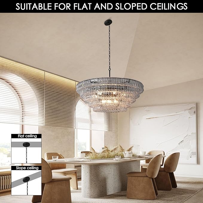47 Inch Round Chandelier Clear Glass, Extra Large Drum Pendant Light for Dining Room, Modern Crystal Glass Ceiling Fixture Perfect for Living Room, Foyer