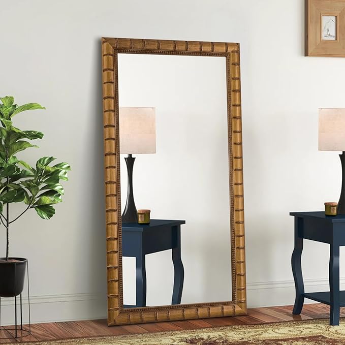 Large Vintage Decorative Mirror for Wall, 53'' x 29'' Antiuqe Warm Gold Living Room Mirrors with Bamboo-Joint Frame, Classic Vintage Gold Wooden Mirror, Horizontal/Vertical