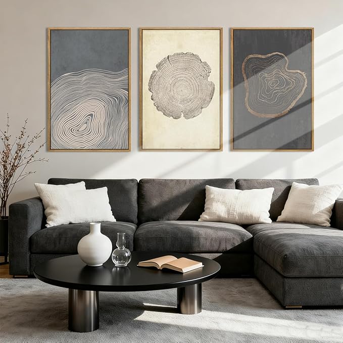 Anyzal Neutral Tree Ring Wall Art Modern Wood Stump Wall Decor 24x36 Inch Set of 3 for Living Room Bedroom Dining Room