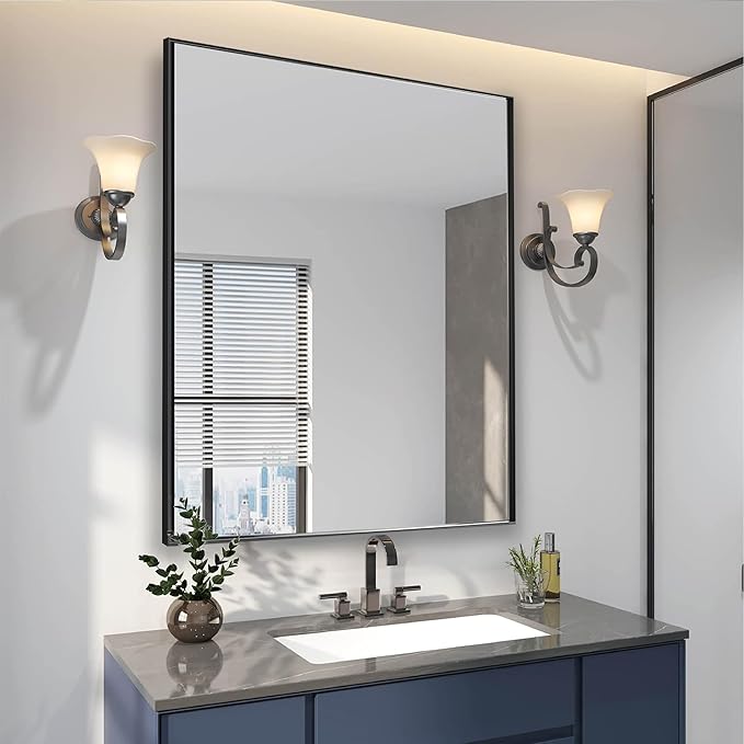 24x30 Inch Black Bathroom Mirror for Wall, Aluminum Frame Rectangle Rectangular Vanity Mirror, Modern Large for Bedroom, Living Room, Horizontal or Vertical
