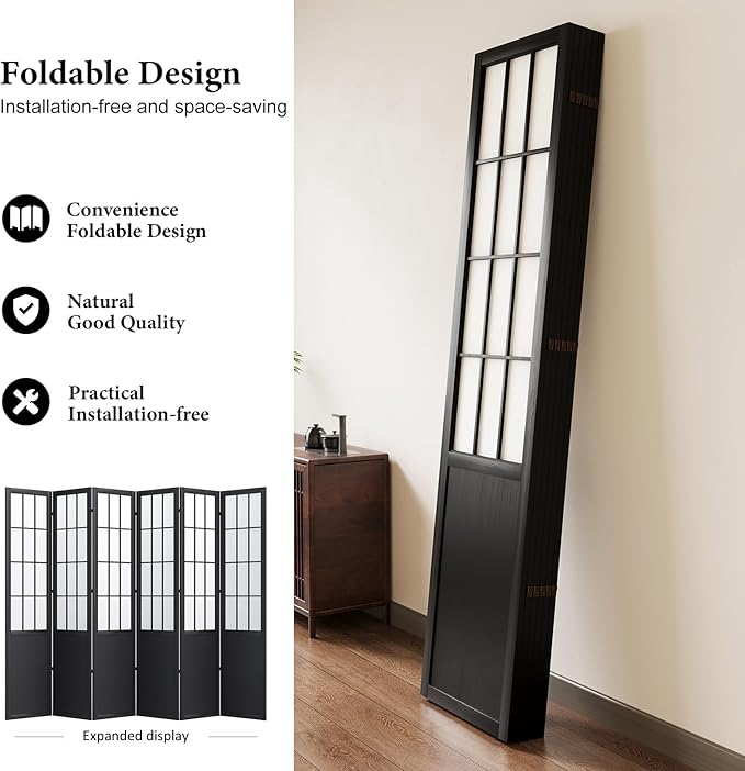 5.6FT Room Divider and Folding Portable Partition Screen, Chinese Japanese Shoji Style for Room Separation - 6 Panel (Black)