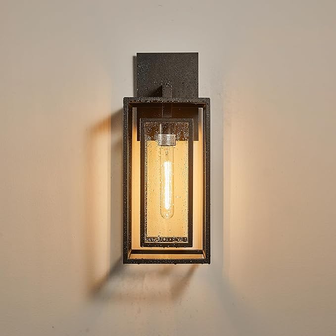 18"Ht Modern Industrial Outdoor Wall Light Fixture with Textured Black Anti-Rust Metal and Clear Glass, Wet Rated for Exterior House Porch Patio Outside Deck Garage Yard Front Door Garden