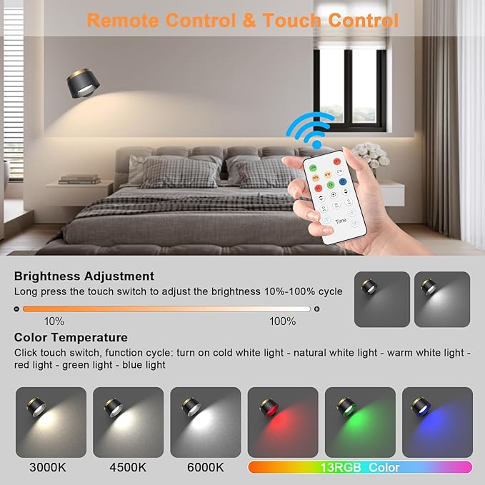 Moobibear LED Wall Lights with Remote, 3500mAh Rechargeable Battery Operated Wall Sconce, Dimmable 13RGB + 3 Color Temperature Magnetic Wireless Wall Lamp, for Rooms, Hallway (Black, 1 PC)