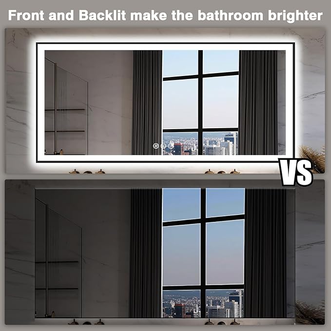 Large 84x40 Light Up Bathroom Mirror - Black Aluminum Edge (Front and Backlit), Anti-Fog Vanity Mirror with Stepless Dimmable Lights, 3 Colors Smart Mirror