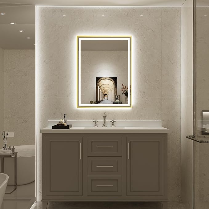 LED Bathroom Mirror, 20x28 Inch Frontlit & Backlit Gold Framed Lighted Mirror,Wall Mouted Vanity with Lights,Double Lights Strips,Anti Fog Stepless Dimmable White/Warm/Natural