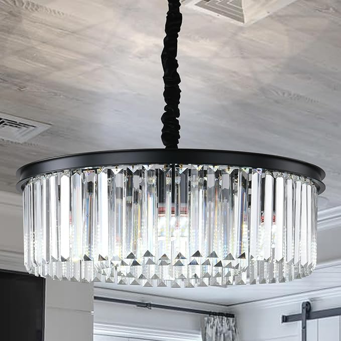 Black Modern Crystal Chandelier Lighting Semi Flush Mount Ceiling Light Fixture 2-Tier K9 Crystal Hanging Pendant Light for Dining Room Kitchen Island Living Room Bedroom Hallway 21.6inch…