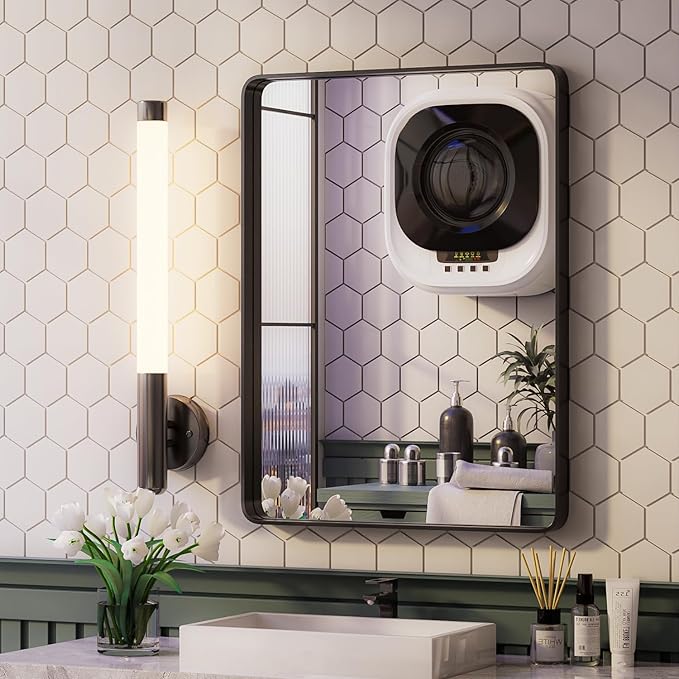 Black Bathroom Mirror for Wall, 24x32 Inch Matte Black Framed Bathroom Vanity Mirror for Farmhouse Living Room Bedroom, Anti-Rust, Tempered Glass, Rounded Corner, Horizontal/Vertical