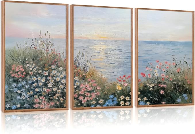CHDITB Seaside Floral Framed Canvas Wall Art Set, Nature Inspired Ocean View Wall Decor, Sunrise Art Spiritual Wall Painting, Coastal Wildflowers Art Prints for Living Room, Office-Size 16"x24"x3