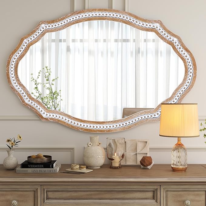 24" x 35" Wooden Farmhouse Oval Mirror for Wall Decor, Living Room, Bedroom, Bathroom Rustic Decorative Mirror for Entryway - Vertical or Horizontal Hanging