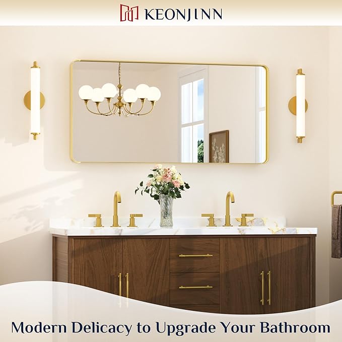 Keonjinn Gold Bathroom Mirrors for Over Sink 48” x 24” Large Brushed Brass Metal Framed Wall Mirror, Rounded Rectangle Bathroom Vanity Mirror, HD Tempered Glass Full Body Mirror(Horizontal/Vertical)