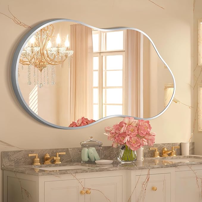 Bathroom Mirror - Silver Irregular Wall Mirrors Decorative 26"x46" Asymmetrical Tempered Glass Aviation Aluminum Alloy Frame for Vanity, Bedroom, Living Room, Cloakroom, Entryway