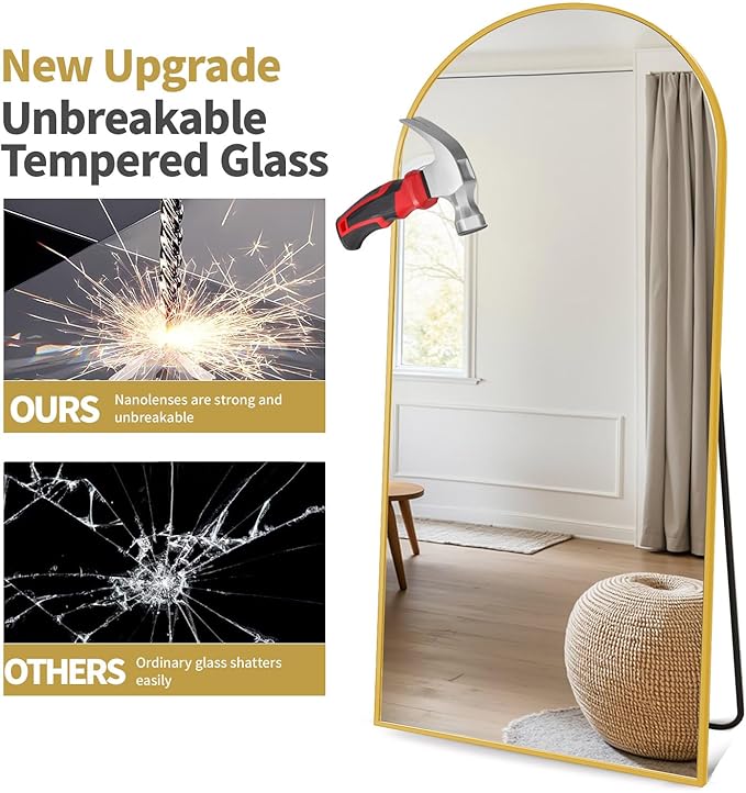 Arched Full Length Mirror, 71"*30" Large Floor Mirrors, Full Body Mirror for Leaning or Hanging, Standing Mirrors for Bedroom, Living Room,Dressing Room, Aluminum Alloy Frame, Gold