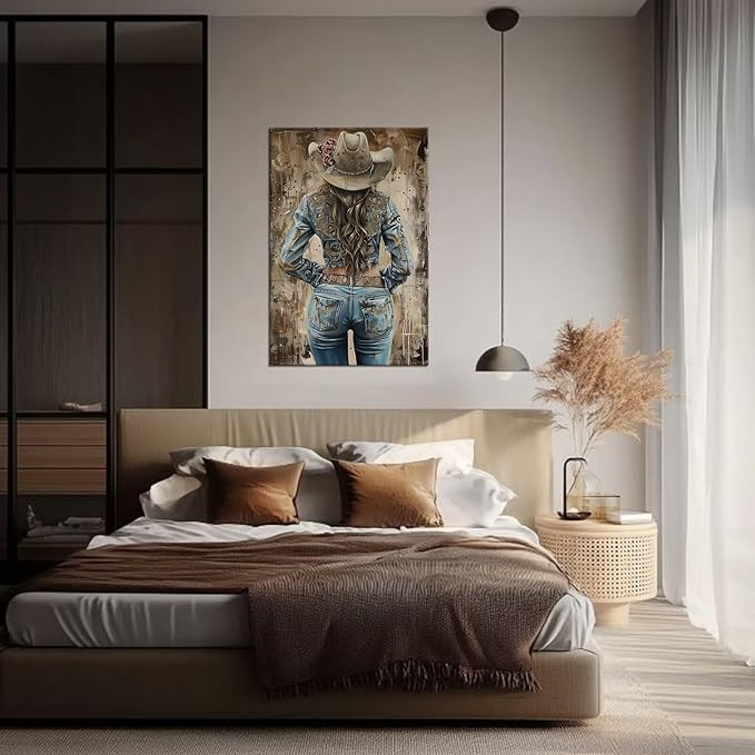 Beautiful Women Western Cowboy Pictures Wall Decor Retro Cowboy Wall Art Canvas Prints Southwestern Poster Trendy Western Painting Artwork for Bedroom Living Room Framed(24L" x 32W")