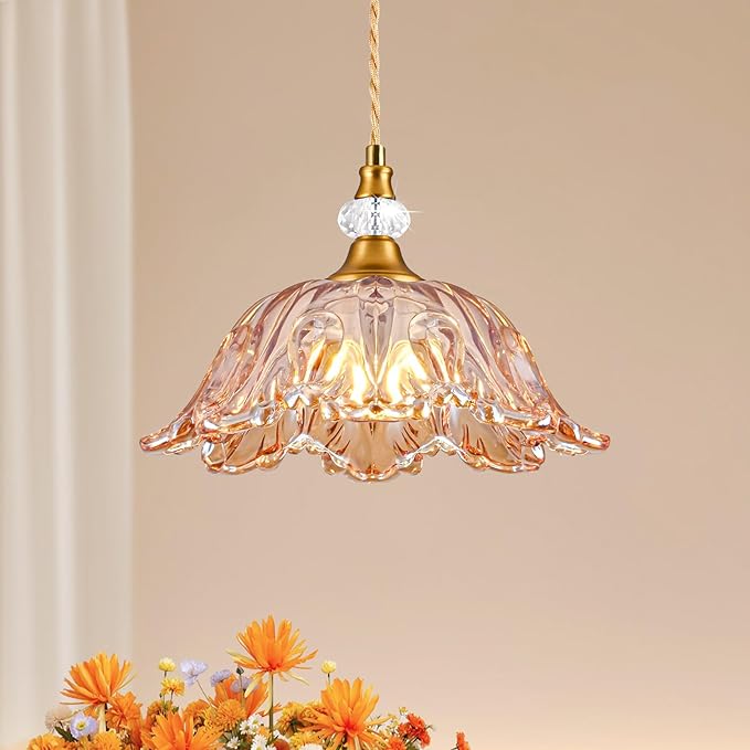 1 Piece Vintage Chandelier Light Fixtures with Amber Glass Shade,Matte Brass Finish Pendant Light for Kitchen,Hanging Light Fixture for Dining Room, Hallway, Living Room, Bedroom