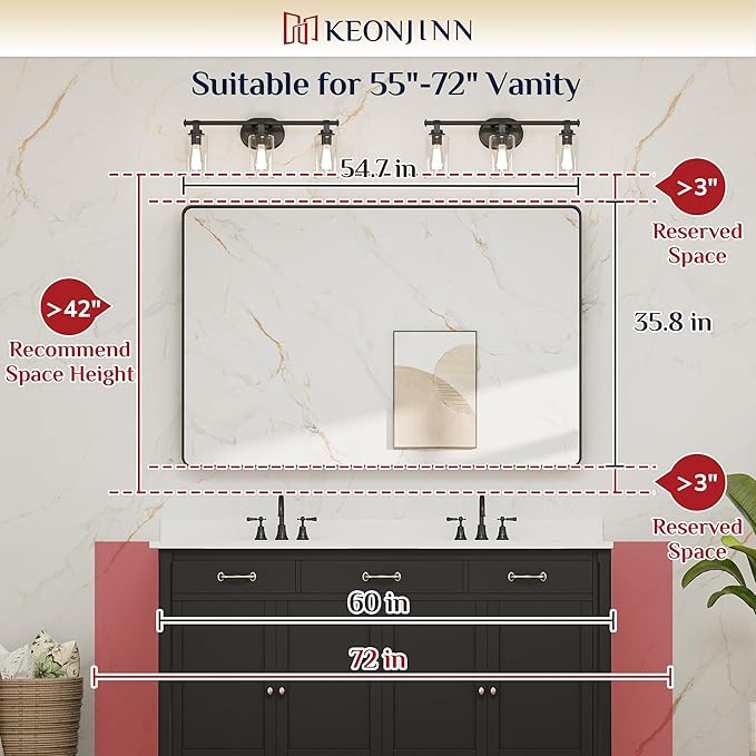 Keonjinn 55 x 36 Brushed Nickel Bathroom Mirrors for Over Sink, Large Rounded Rectangle Bathroom Vanity Mirror, Modern Decorative Silver Mirror, HD Tempered Glass Wall Mirror(Horizontal/Vertical)