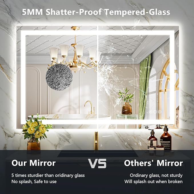 48x30 Inch LED Bathroom Mirror with Lights Front and Backlit Lighted Vanity Mirror for Bathroom Wall with 3 Colors Dimmable Anti-Fog Memory Shatter-Proof IP54 Waterproof Horizontal/Vertical