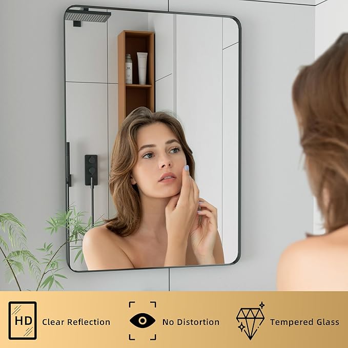 Kosmonia 30x22 Bathroom Vanity Mirror for Wall, Aluminum Framed, Farmhouse Rectangle, Anti-Rust, HD Reflection Anti-Desilvering, Distortion Free, Tempered and Shatter-Proof Wall Mounted Mirror, Black