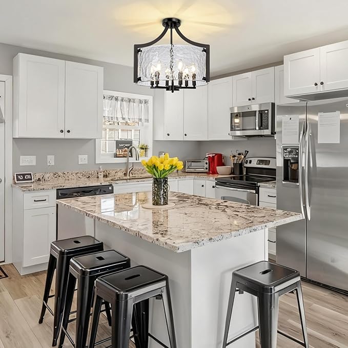 6-Light Glass Chandelier for Dining Room, 19.3'' Modern Black Foyer Chandelier Convertible Semi Flush Mount Ceiling Light, Farmhouse Pendant Lighting for Entryway Foyer Bedroom Kitchen