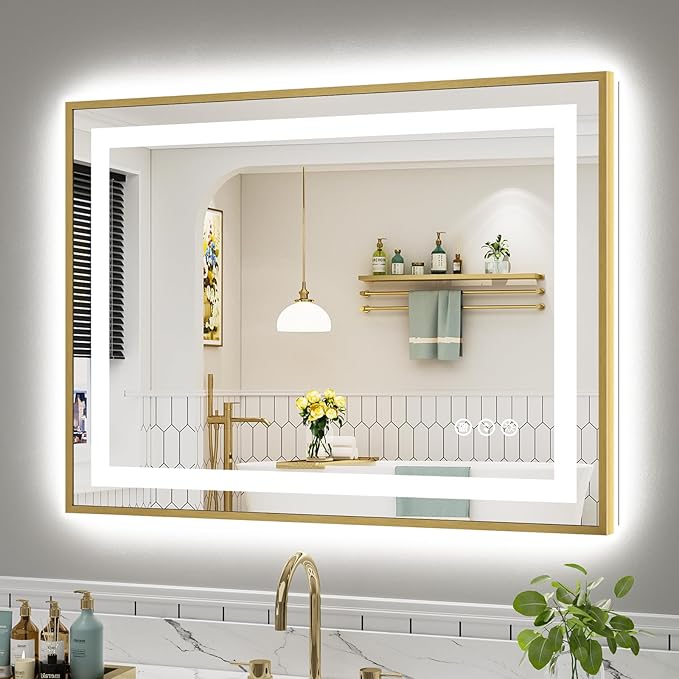 40x30 Inch LED Bathroom Mirror with Gold Frame, Backlit & Front Lit, Anti-Fog Lighted Bathroom Vanity Mirror for Wall, Memory Function, Dimmable, HD Tempered Glass, Shatter-Proof
