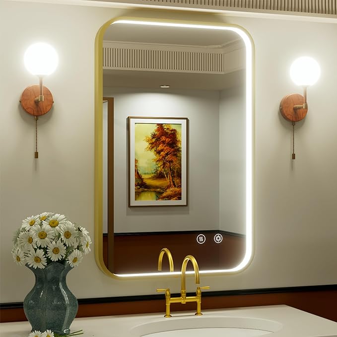 24x36 Inch Gold LED Bathroom Mirror with Lights, Adjustable 3000K/4500K/6000K, Wall Mounted Lighted Bathroom Vanity Mirror, Stepless Dimmable, Anti-Fog, Memory, Horizontal/Vertical