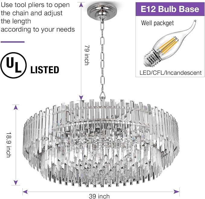 Crystal Chandelier Lighting 39'' for Dining Rooms Bedroom Foyer Entryway Ceiling Hanging Pendant Chandelier Light Fixture Lamp