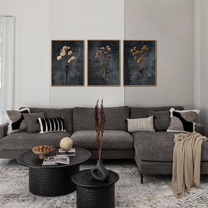 LHIUEM Dark Moody Wildflowers Framed Canvas Wall Art Set of 3(12”X16”) Minimalist Wildflower Wall Decor Vintage Black Flower Botanical Painting Aesthetic Floral Artwork for Living Room Bedroom Office