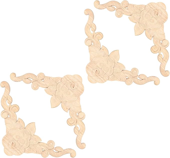 4-Pack Wood Ceiling Molding Corner Trim, 13.4"x13.4" Carved Flower Wall Panels, French Style Decorative Accent for Ceiling & Wall Décor