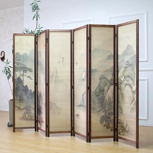 6 Panel Room Divider Screen and Folding Panel Screen,Double Sided Bamboo Divider for Room Separation,Mountains and Waters Landscape,67" H x 94.5" W