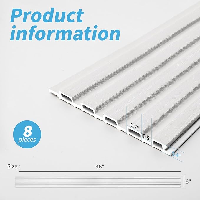 Art3d 8 Pack 96" x 6" WPC Slat Wall Panels, 3D Fluted Panel for Interior Wall Decor, TV Background, Bedroom, Living Room - Off-White