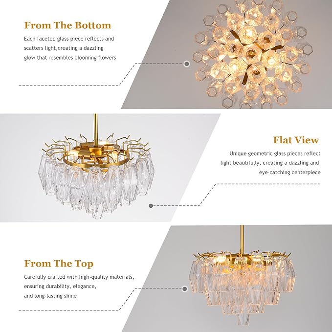 Modern Crystal Chandelier, 17'' Gold Chandeliers for Dining Room, Round Glass Crystal Brass Tiered Pendant Light Chandelier for Living Room, 3-Tier Luxury Chandeliers, Kitchen Island Light Fixture
