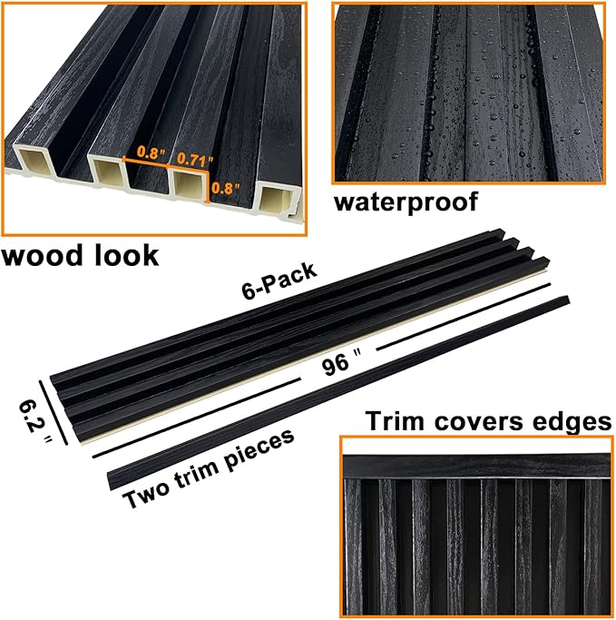 6-Pack Slat Wall Panel with 2 Trims Wood Grain Slat Wall 96" x 6.2" WPC Slats 3D Wall Panels Black Grille