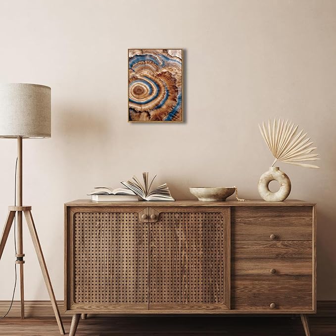 BingruiArt Framed Tree Ring Canvas Wall Art Abstract Wood Wall Decor Boho Modern Colorful Nature Painting Wood Stump Prints Pictures for Living Room Bedroom Bathroom Office 12"x16" Natural Framed(10)