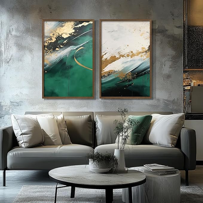2pcs Wood Framed Green Abstract Canvas Wall Art - Abstract Green Gold Fluid Artwork - Modern Green Gold Abstract Prints Posters - Living Room Bedroom Decorative Paintings Gallery Style Wall Hanging Pictures