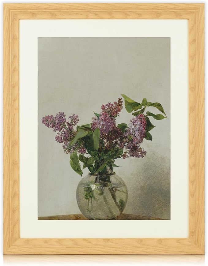 Brivoria Framed Canvas Wall Art Vintage Decor, Elegant Lilac Blooms in Clear Glass Vase French Country Classical Painting Prints for Living Room Office Dining Room Gallery Wall Decor, 16"x20"