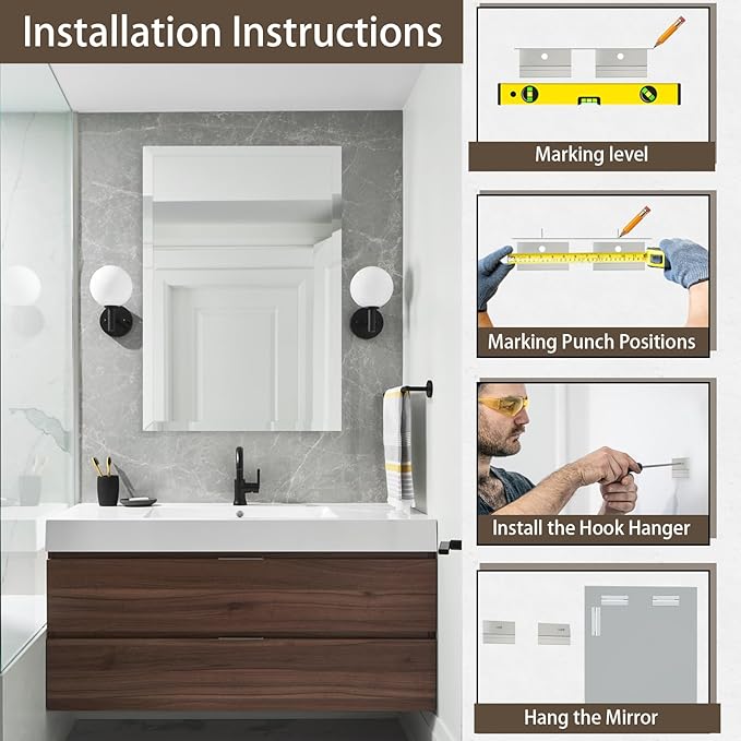 24x36 inch Rectangle Frameless Wall Mirror, 1" Polished Beveled Edge for Bathroom, Living Room, Bedroom